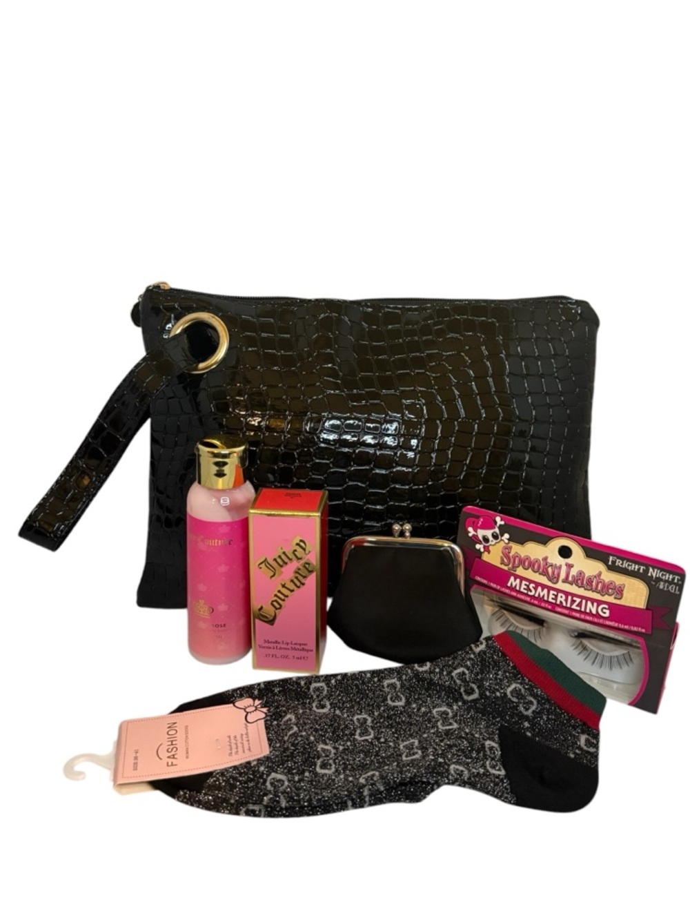 Juicy Couture 6 piece Beauty Bundle with Wristlet Clutch, lashes and socks